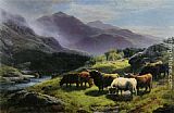 Highland Cattle Grazing by a Mountain Stream by William Watson